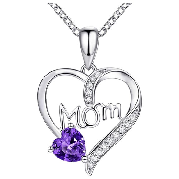 FENGGHAO Mothers Day Heart Pendant Necklace Silver Tone Birthstone Style Open Heart Design Hypoallergenic Alloy Jewelry Gift for Mom