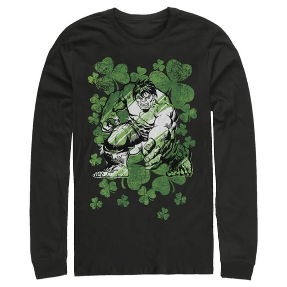 Men's Marvel St. Patrick's Day Hulk Clover Field  Long Sleeve Shirt Black Small