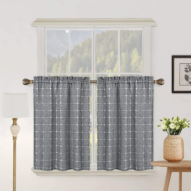 Coolmee Backout Windows Valances for Kitchen Bedroom Boho Gingham Linen Rod Pocket Window Valance Curtains Dark Grey 26" x 24" 2 Panel