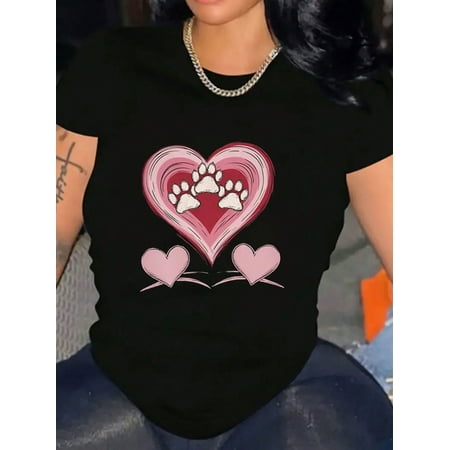 Paw Print Heart Valentine's Day Women Dog Mom Graphic Short Sleeve Tee