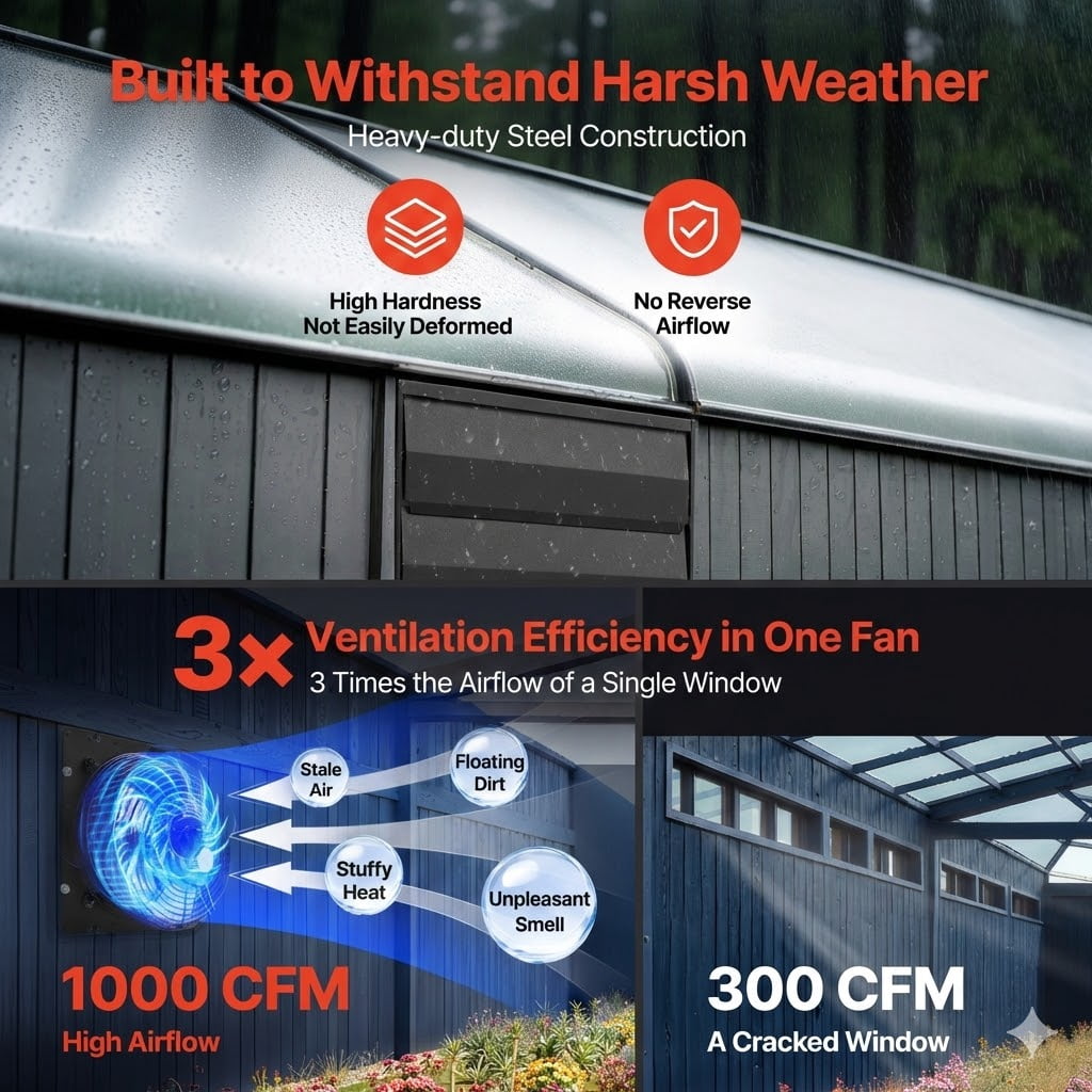 10 inch Shutter Exhaust Fan, Wall Mounted Attic Vent Fan with Smart Programming Variable Speed Temperature Control, 1000 CFM,EC Motor,Timer, for Shed,Garage,Greenhouse Ventilation Cooling,Black
