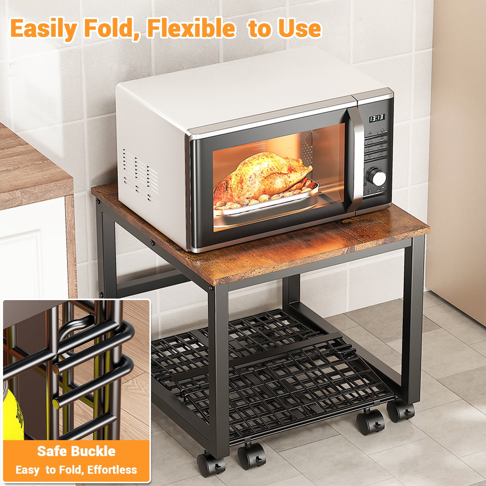 Mini Fridge Stand with Movable Storage Cart & Swivel Wheels, Mini Fridge Stand on Wheels, Adjustable Feet & Heavy Duty Metal Frame (Holds 198 Lbs) for Home, Office, Dorm, Coffee Bar