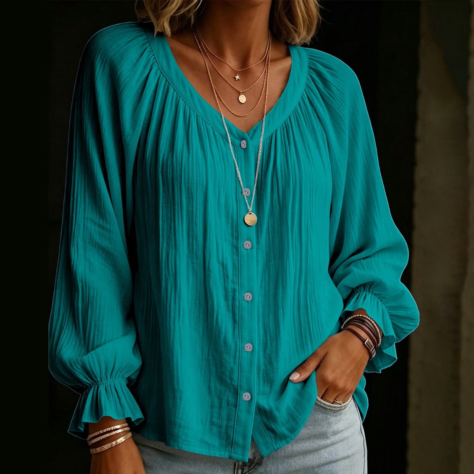 Women's Cotton And Linen Solid Color V-neck Pleated Puff Long-sleeved Ruffled Cuffs Button Pleated Casual Loose Top