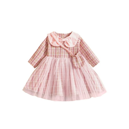 

Sedceaty 2Pcs Baby Girls Fall Outfits Long Sleeve Doll Collar Tulle Dress + Crossbody Bag Set