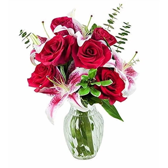 KaBloom : Fall Collections-Bouquet of 6 Red Roses and 3 Pink Lilies with vase