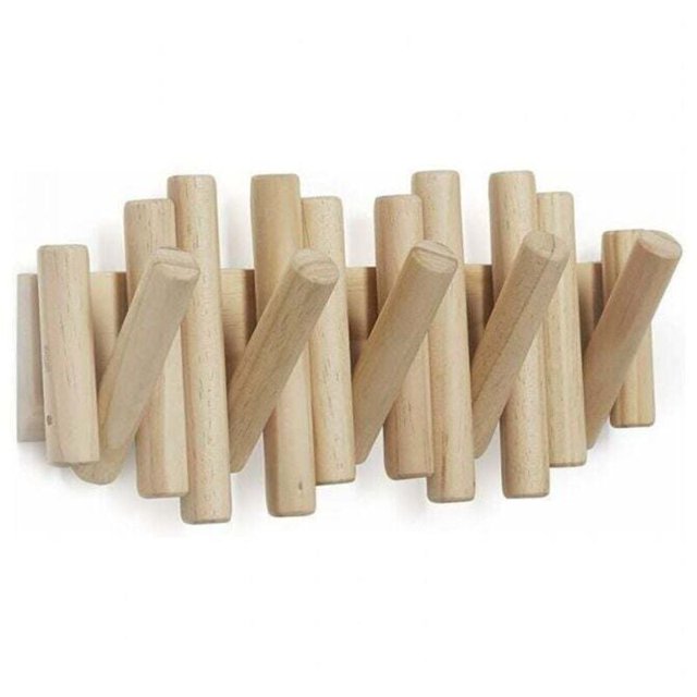 Wooden Wall Hook with 5 Hooks, Natural Wood, 37.1x16.5x4.4 cm