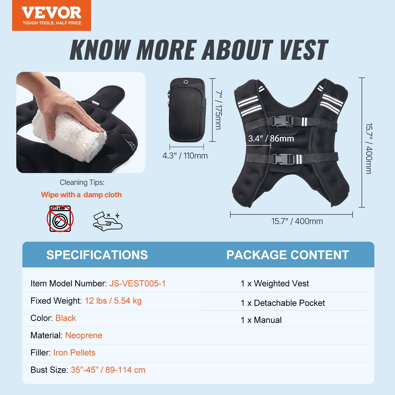 VEVOR Weighted Vest, 12 lbs Weight Vest with Reflective Stripe, Adjustable Buckle Body Weight Vest for Men Women, Workout Equipment for Strength Training, Running, Jogging, Fitness