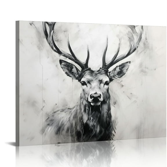 COMIO Red Deer Canvas Wall Art Rustic Elk with Big Antlers Hand Painted Animal Head Picture Grey and White Hunting Artwork Painting for Living Room Home Office Decorations