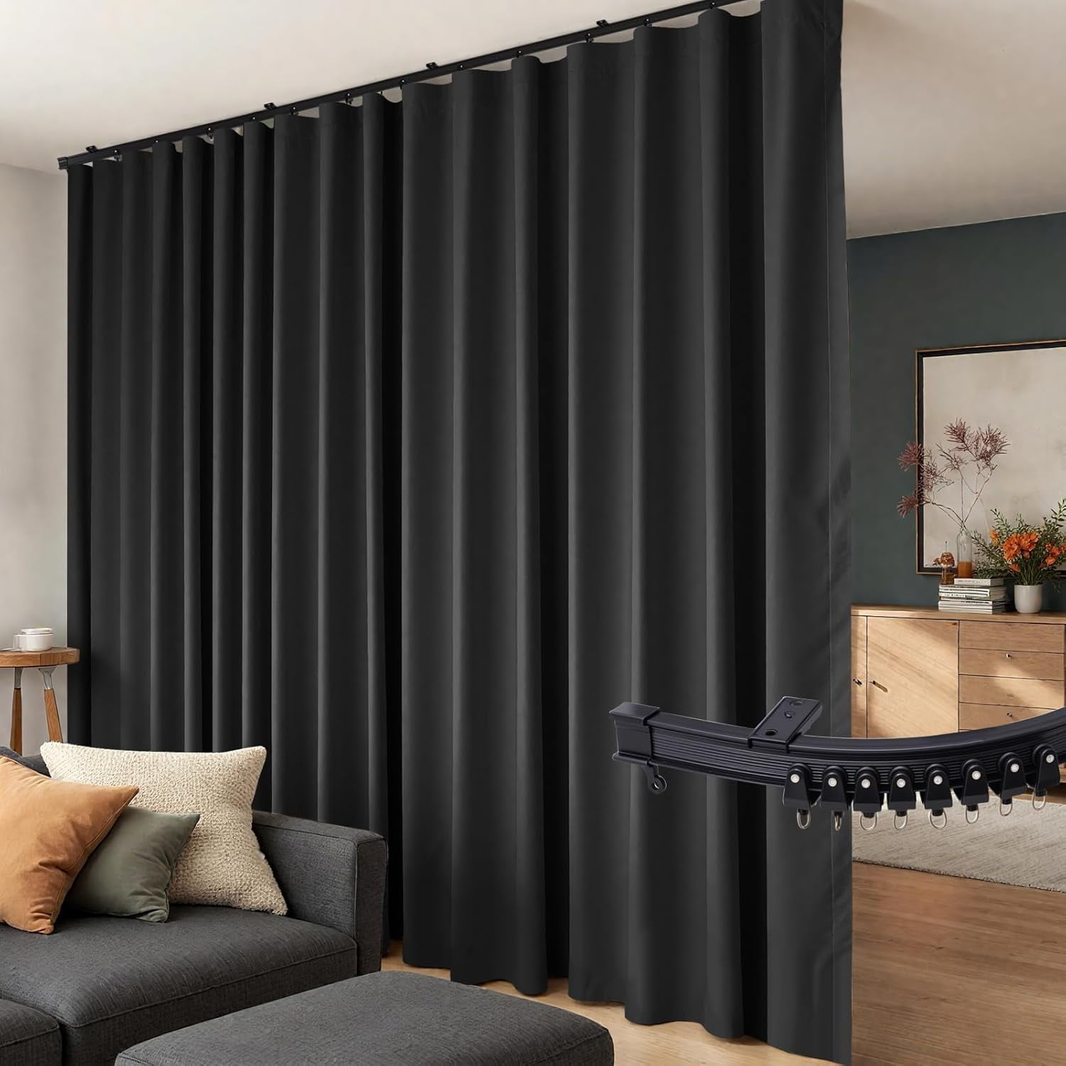 Room Divider Curtains Flexible Ceiling Tracks set Curtain track Ceiling Mount Blackout Curtain for Living Room Bedroom Ceiling Curtain Rod Privacy Dividers Panels W150 x H108 Grey Drape & Black rail