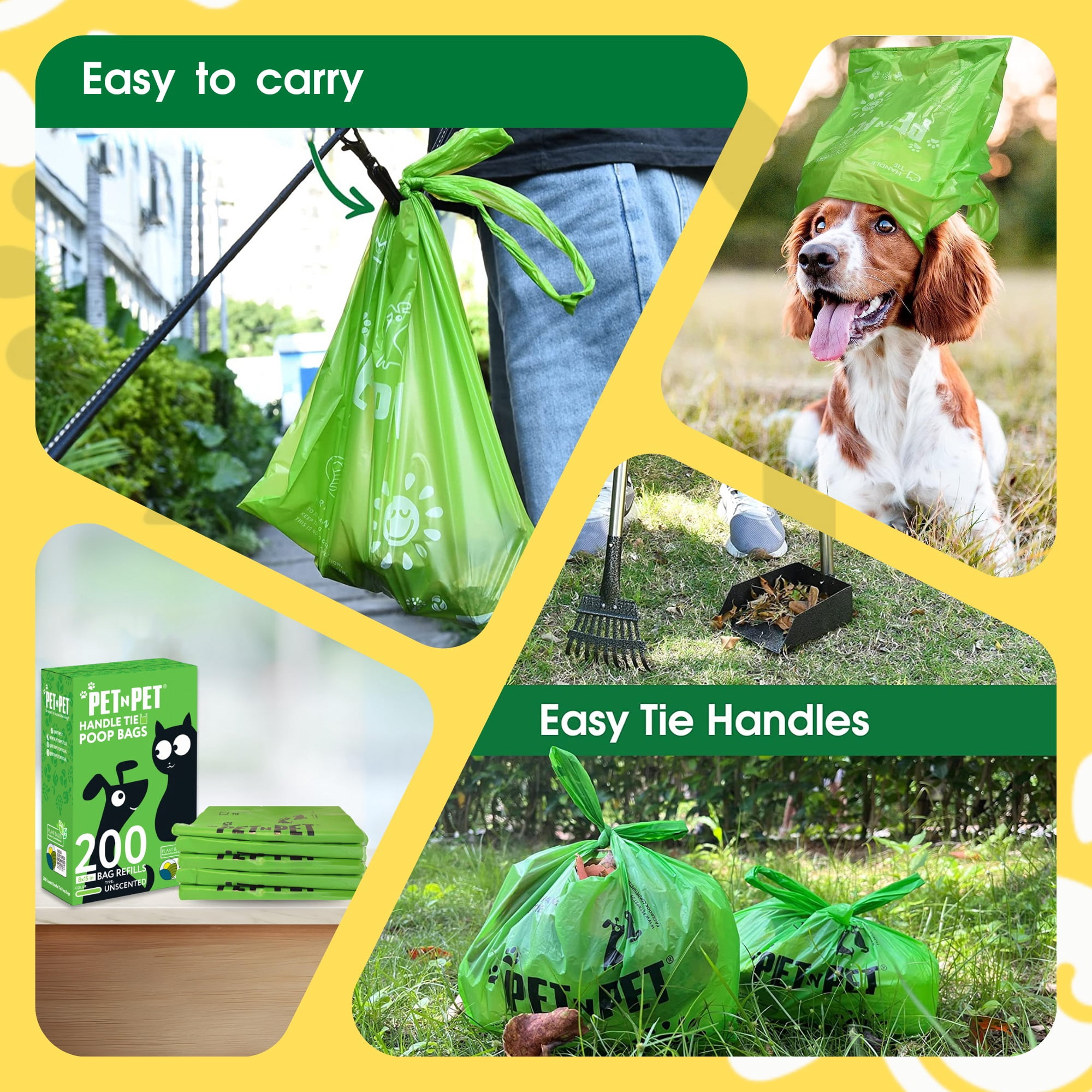 PET N PET Dog Poop Bags with Tie Handles, 200 Count, Unscented, USDA Certified 41% Plant-Based, Leak-Proof Dog Waste Bags, 8 x 15 Inches