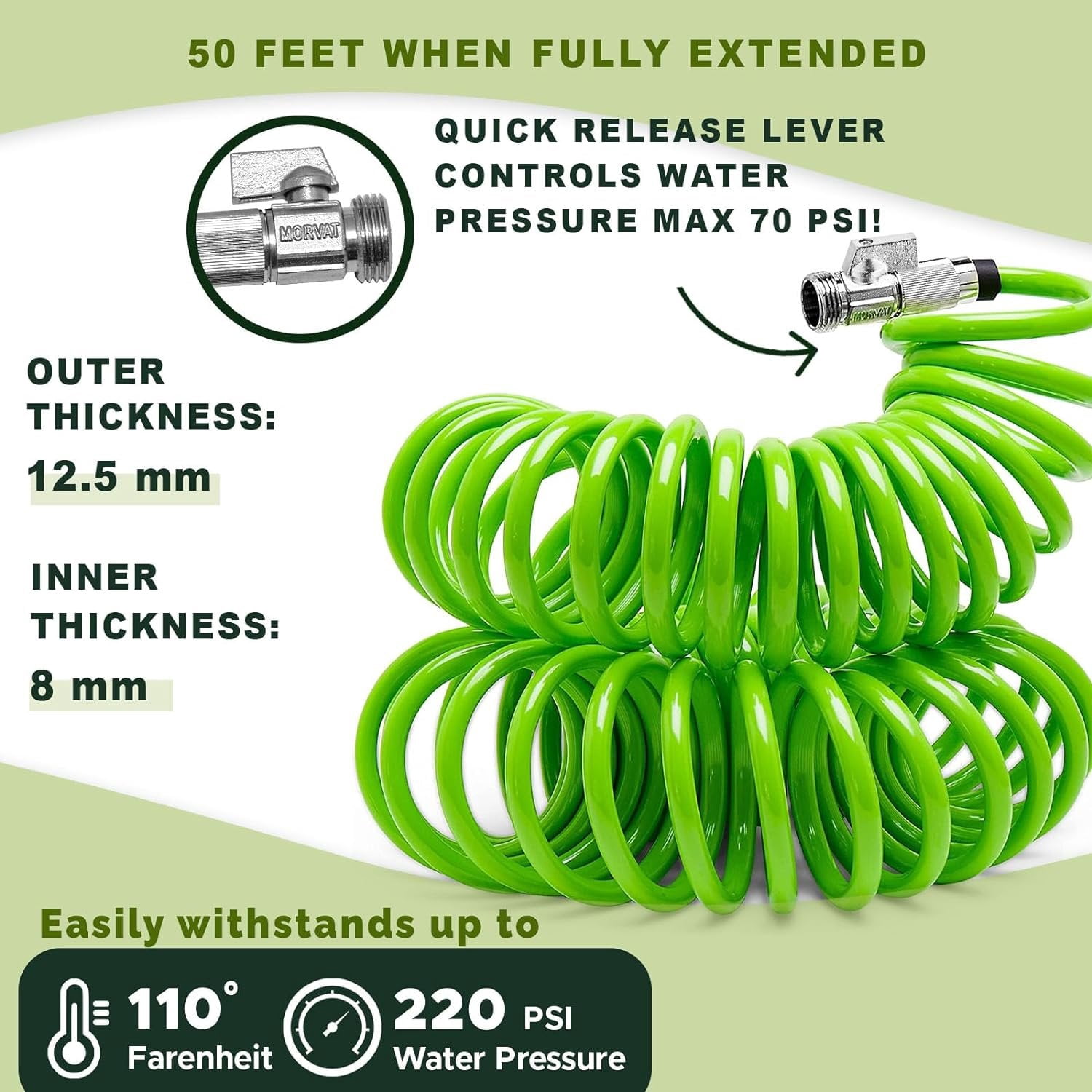Morvat 50FT Green PU Recoil Garden Hose with on/off Valve & 10-Way Spray Nozzle