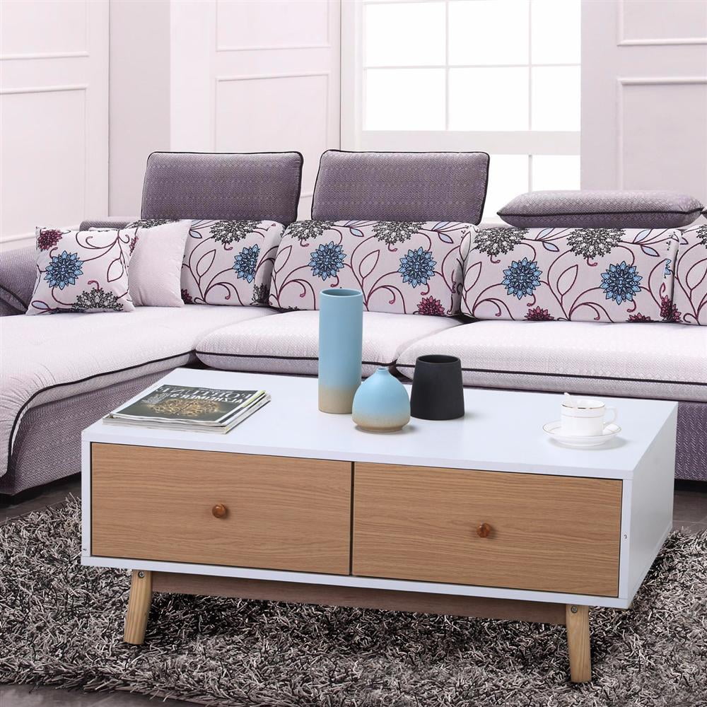 Yaheetech Modern 2 White Drawers Coffee Table Solid Wood Legs Center Yaheetech Modern 2 White Drawers Coffee Table Solid Wood Legs Center Tables Living Room Furniture Com