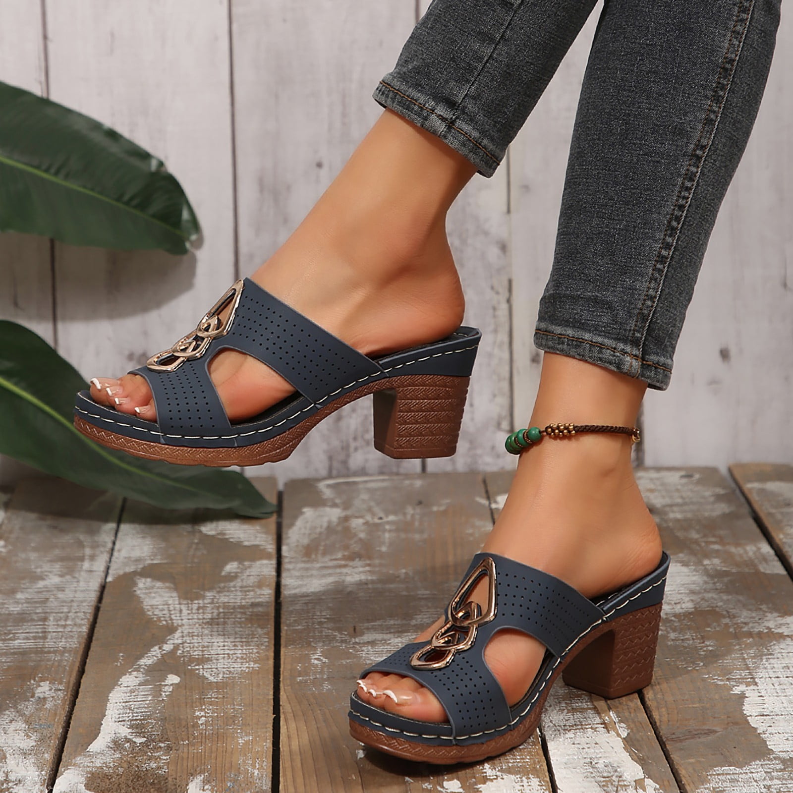 Dakaela Women's Platform Chunky Heels 2025 Open Toe Summer Slides Mules Slip on Dress Shoes Blue 6.5