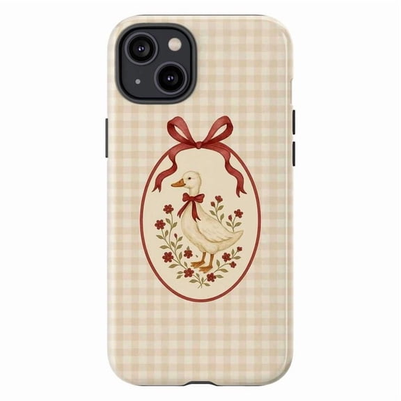 Vintage Duck Gingham Phone Case, Cute Farmhouse Floral iPhone Cover with Red Bow, Soft Protective Case for iPhone 16 15 14 13 12 11