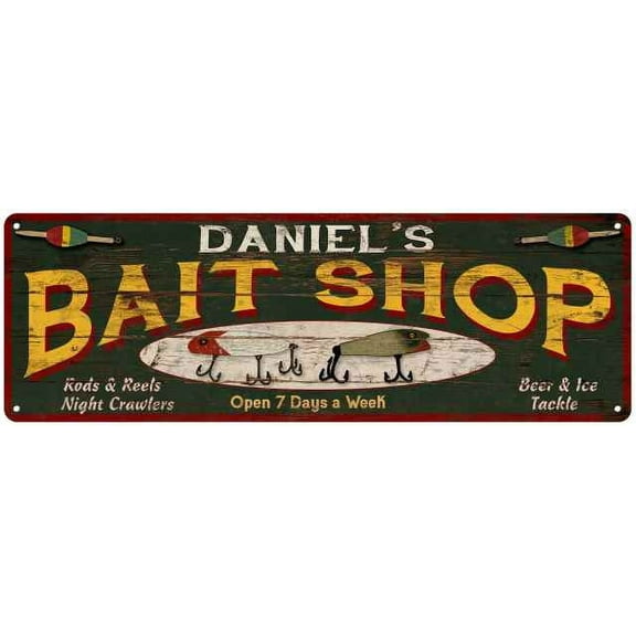 DANIEL'S Bait Shop Sign Wood Look Man Cave Den Gift 6x18 Metal 206180024015