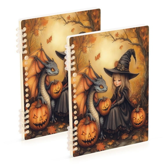 WOBOGO Little Witch and Her Dragon Notebook College Horizontal Grid Paper Ink Spill Resistant Water Resistant Cover 8.3x5.7x0.4in