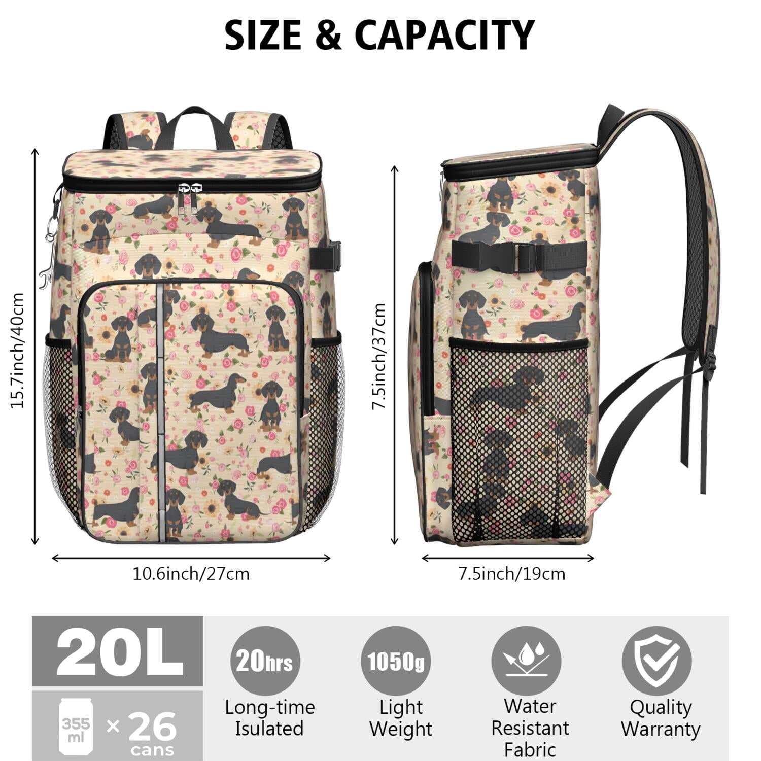 Travel Cooler Bag - Dachshund and Flower Camping Beer Cooler Backpack with Bottle Opener- Waterproof Insulated Picnic Backpacks - Cooler Bag for Beach