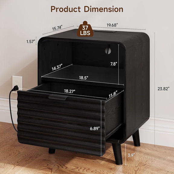 Fluted End Table with Charging Station, Mid Curved Bedside Table with Drawer & Open Cubby Storage, Modern Nightstand for Living Room, Bedroom, Entryway, Black(1-Pack)