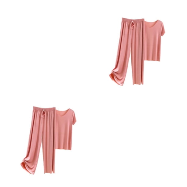 Qarigey Conjunto de pijama de satén de seda helada para mujer, camiseta, pantalones holgados, piezas Rosa 4XL 2Conjunto