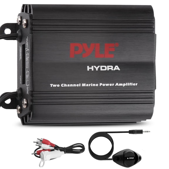 Pyle 2-Channel Marine Amplifier – 400W Waterproof Boat Audio Amplifier with Wired Volume Control, RCA/AUX/MP3 Inputs, Compact Weatherproof Design for Marine & Outdoor Stereo Systems