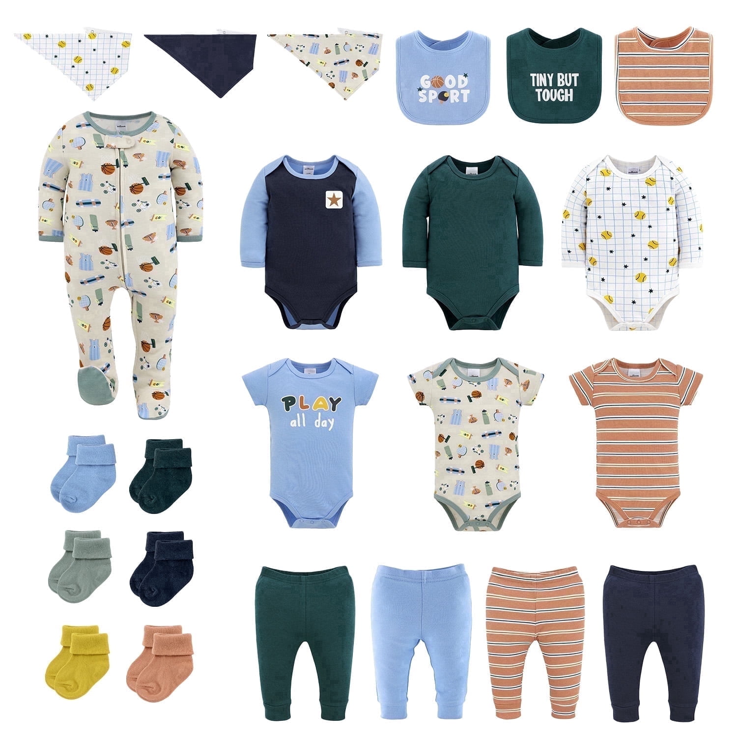 The Peanutshell Baby Boy Clothes, Good Sport Baby Clothes Set with Baby Socks and Bibs, 0-3 Months, 23-Piece