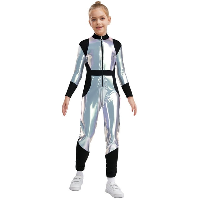 Moggemol Kids Girls Outerspace Police Alien Robot Jumpsuit Metallic Zip Up Unitards for Dance Stage Shows Silver 6