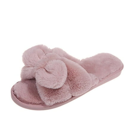 

PIKADINGNIS 2021 Winter New Indoor Bow-Knot Women Fur Slippers Gray Pink Solid Faux Fur Warm Plush Shoes Home Ladies Fluffy Slippers