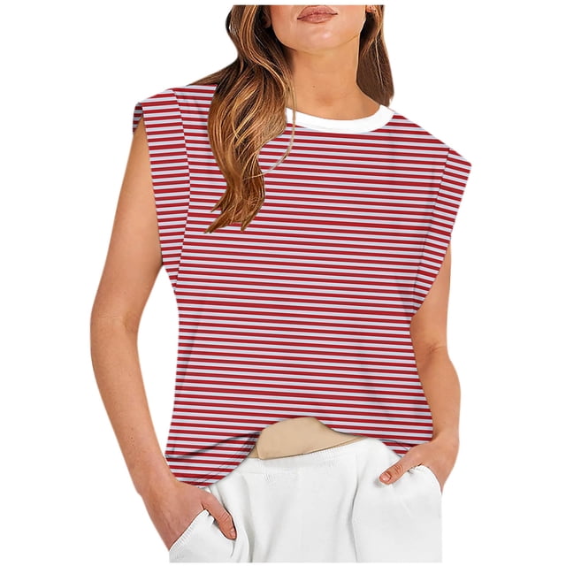 T-shirts d'Été pour Femmes Manches Courtes Mode Rayé Col Rond Débardeurs Décontractés Coupe Ample T-shirts (L, Rouge)