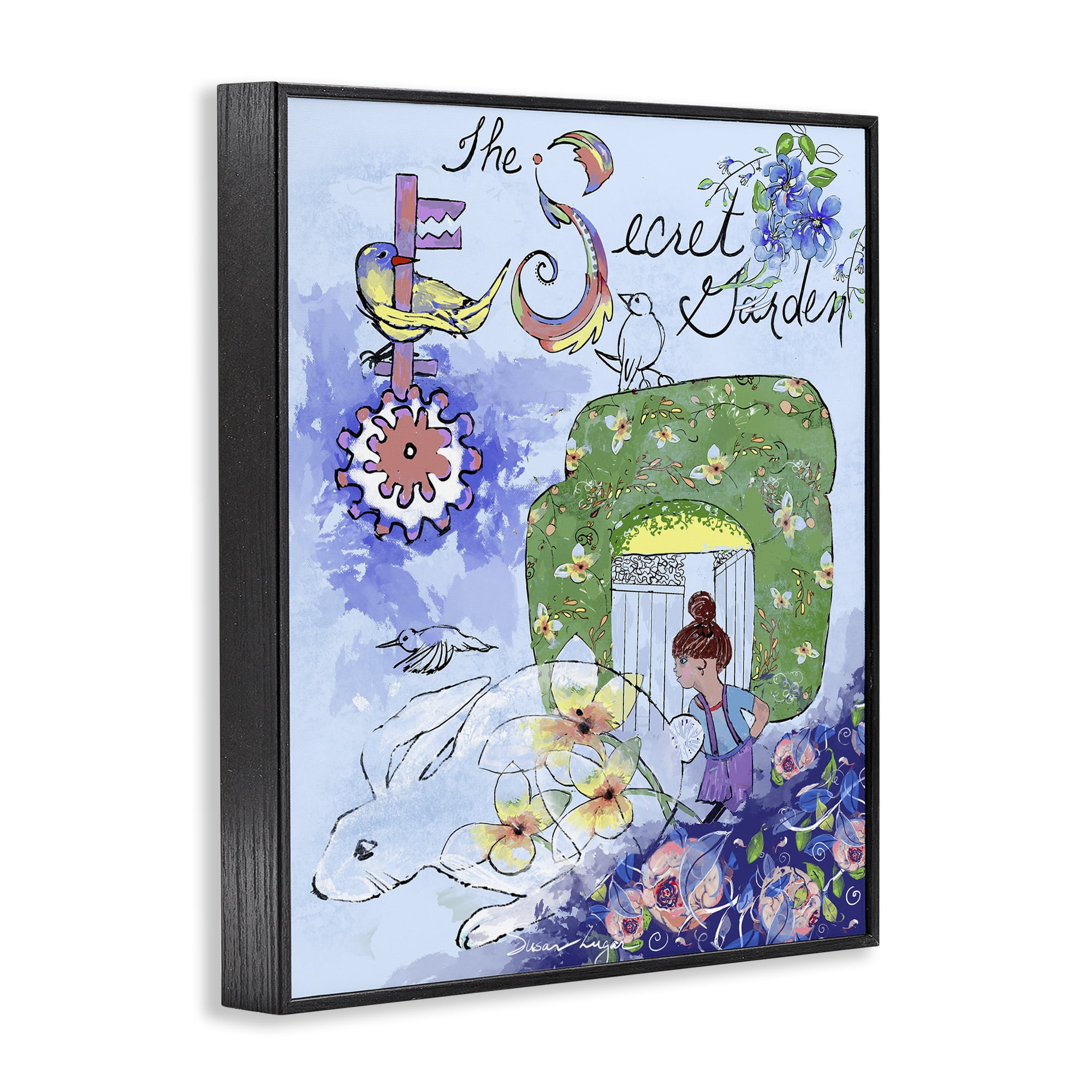 Stupell Industries Secret Garden Folk Illustration Black Framed Giclee Art, design by Susan Lugar