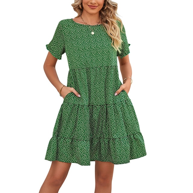 MAWCLOS Robes Courtes pour Femmes Manches Été Plage Robe d'Été en Mousseline Robe Mini Aguichant Rendez-Vous Col Rond Vert G