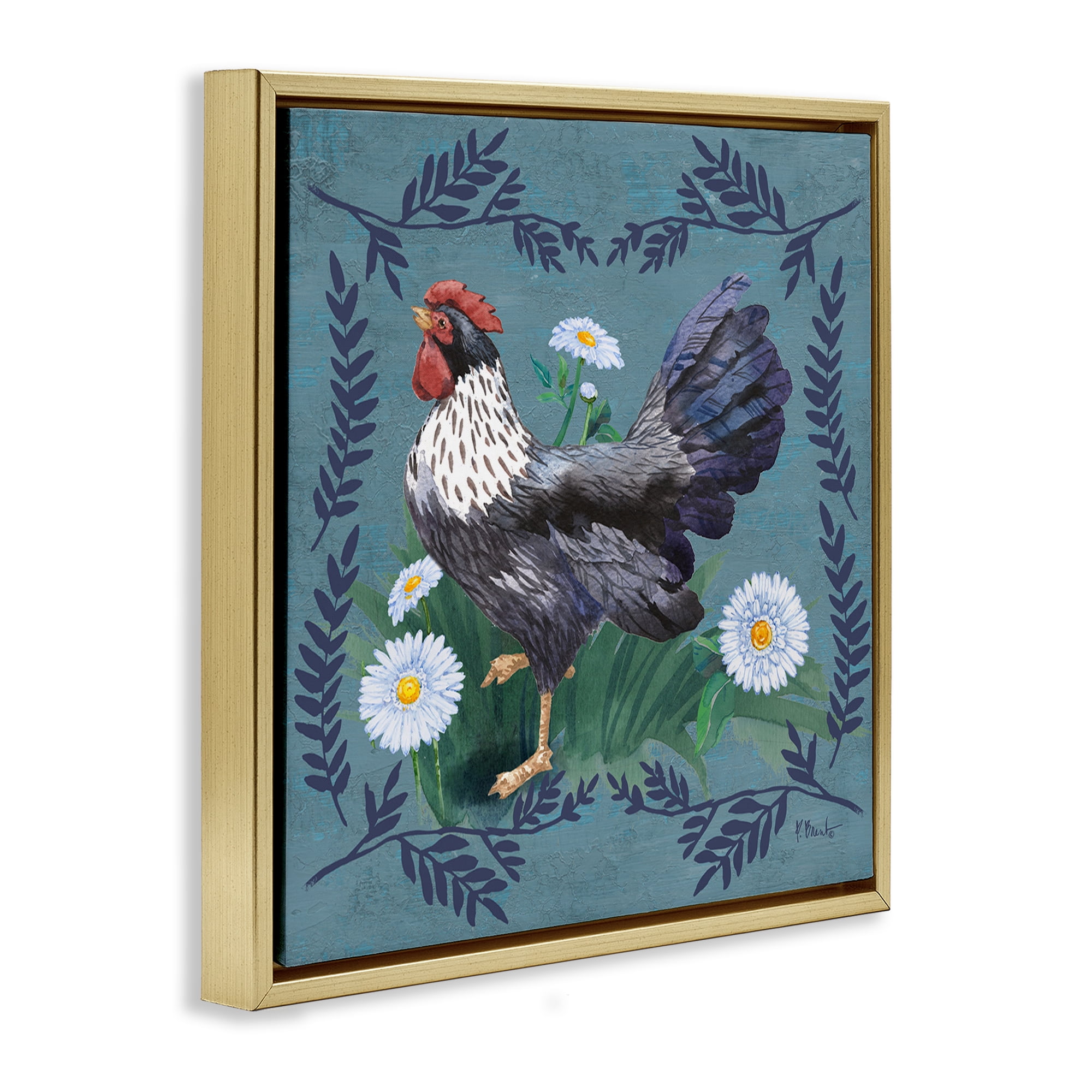 Stupell Industries Country Hen & Ferns Animals & Insects Painting Gold Floater Framed Canvas Art Print Wall Art, 25 x 25