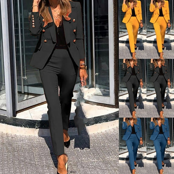 Simua Women's 2 Piece Suits Business Casual Outfits Long Sleeve Solid Blazer with Pants Professional Office Work Sets
