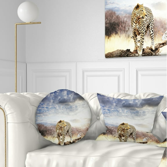 Designart Leopard Walking under Cloudy Sky - African Throw Pillow - 12x20