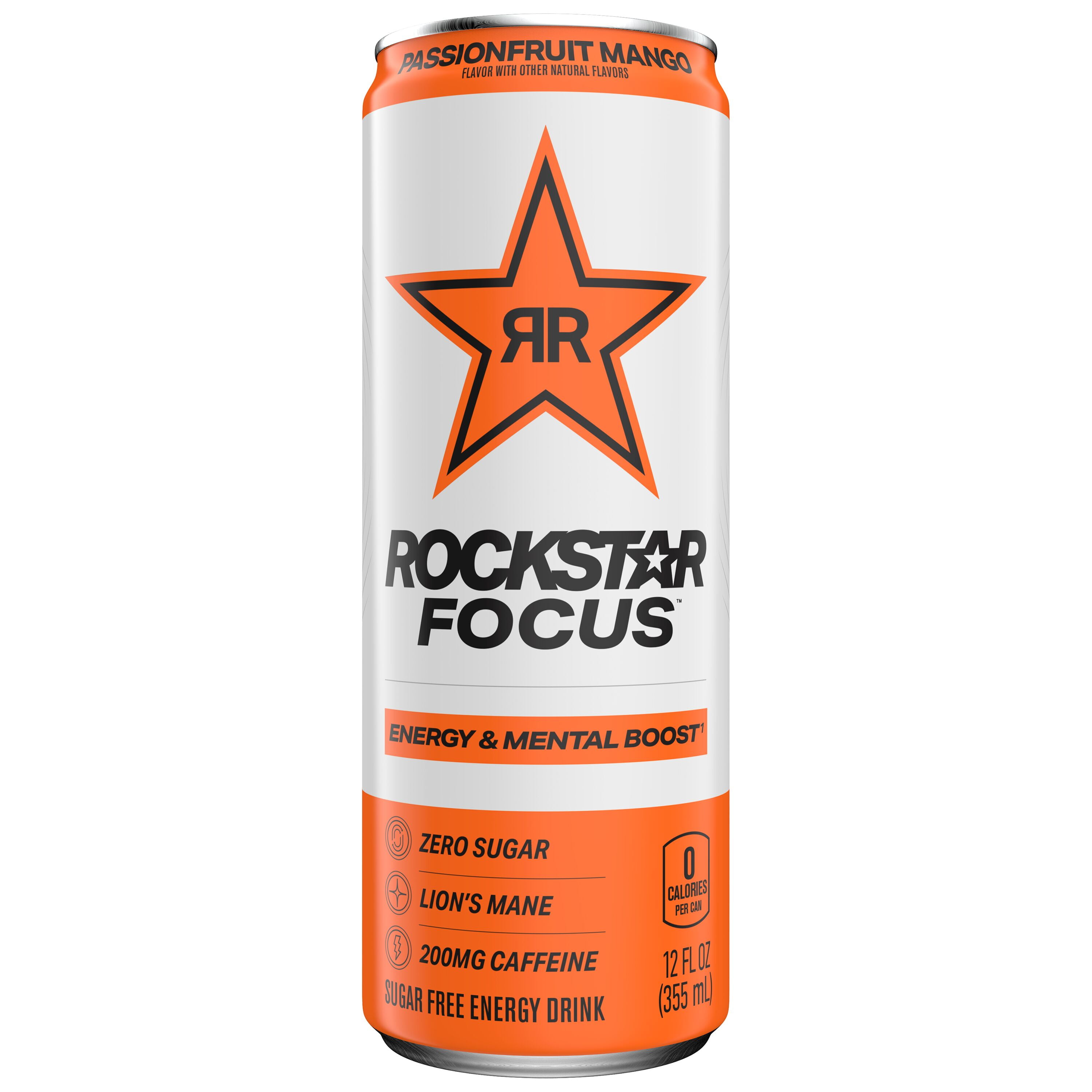 Rockstar Focus Zero Sugar Energy Drink, Passionfruit Mango Flavor, Lion’s Mane, Energy & Mental Boost, 12 oz 12 Pack Cans