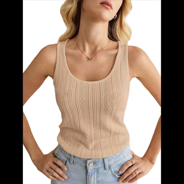 Camisetas Sin Mangas para Mujer, de Punto, con Cuello en U, Básicas e Informales de Verano. Caqui XL