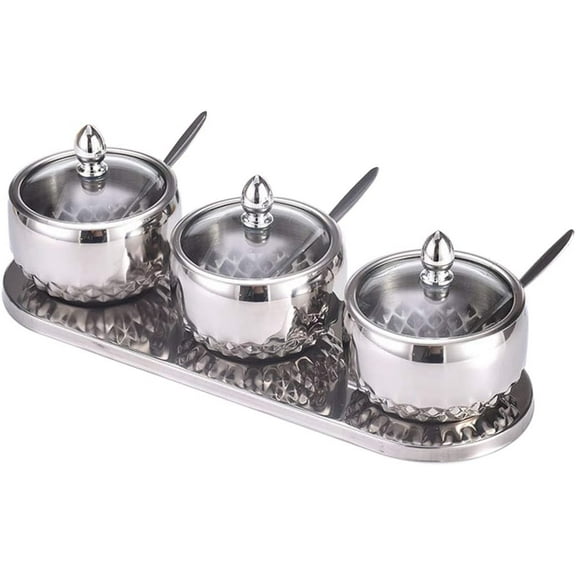 Salt Box Spice Jars with Lids,Spoons and Non-Slip Base Sugar Bowls 3 Pcs Condiment Pots for Kitchen Home Restaurant-Silver