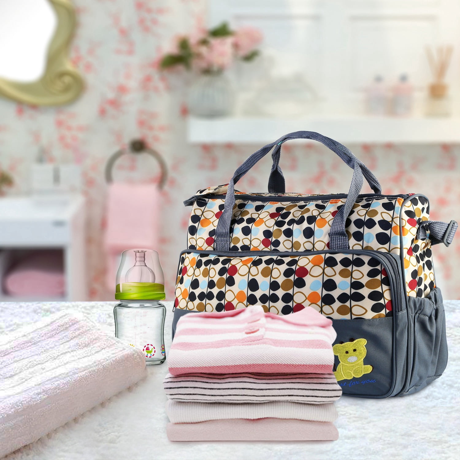 iMounTEK Baby Diaper Tote Stylish Nappy Messenger Insulated Bag 5 Piece Set Large Medium Handbag, Food/Bottle Bag, Gray