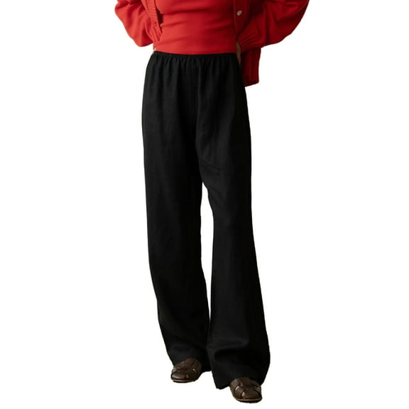Elippeo Womens Pull On Pants Elastic Waistband Solid Color Wide Leg Loose Casual Comfy Trousers
