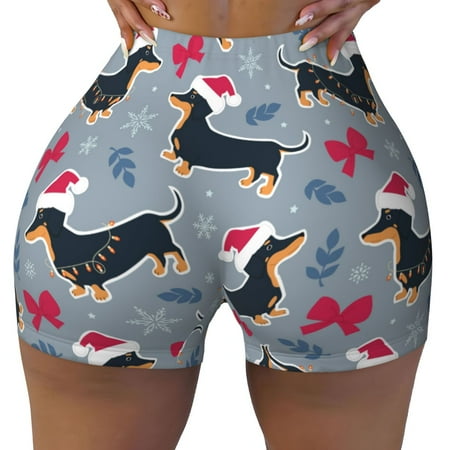 Workout Shorts Women  Christmas Hat Dachshund Biker Shorts for Women Running Gym Spandex Shorts Tummy Control