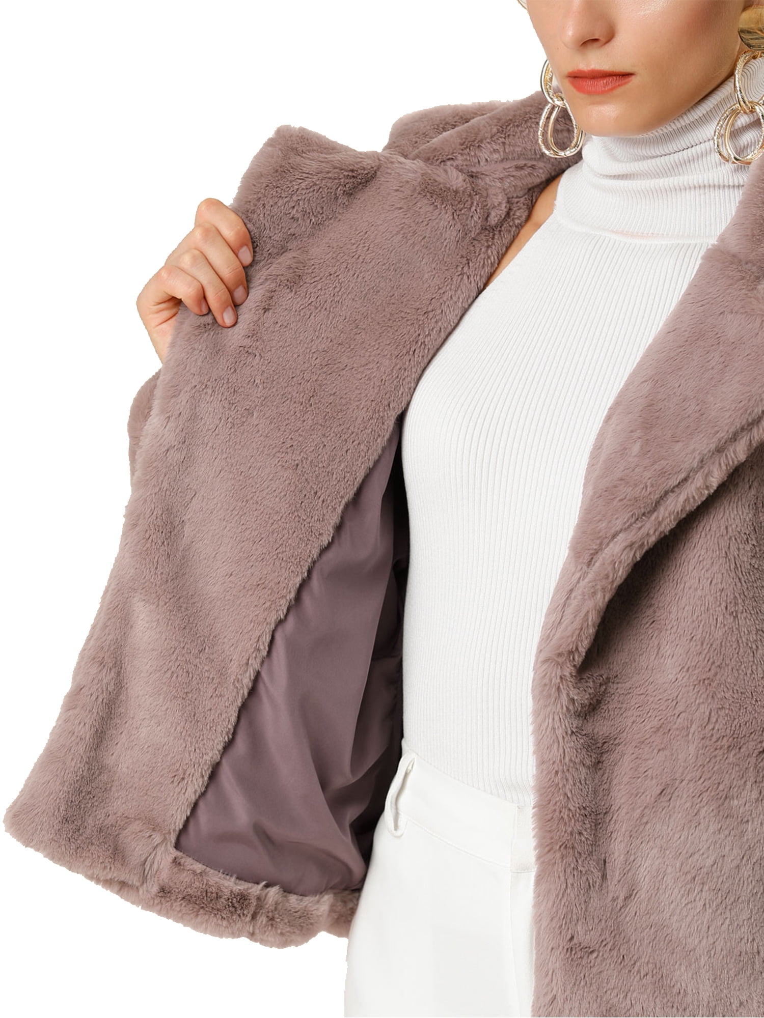 DARING DIVA Women's Cropped Jacket Notch Lapel Faux Fur Fluffy Coat M Dusty Pink