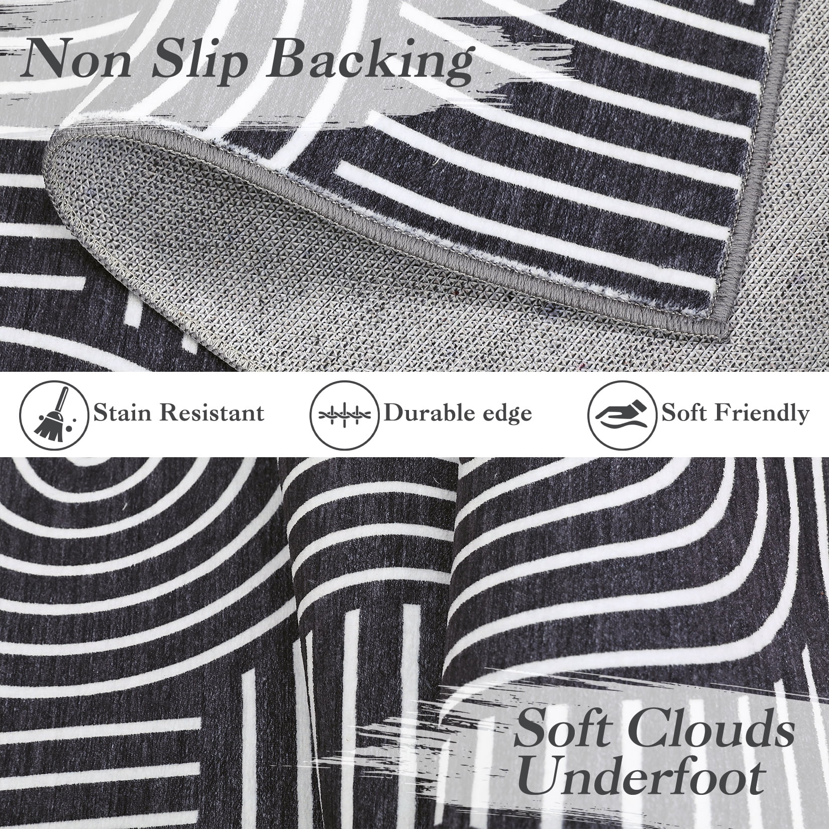 Hasoo Area Rug for Living Room 6' x 9' Washable Modern Geometric Rug with Black Rainbow Stripped Lines Home Decor Indoor Carpet