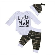 3Pcs Newborn Baby Boy Camo Tops Romper Pants Hat Outfits Set Clothes