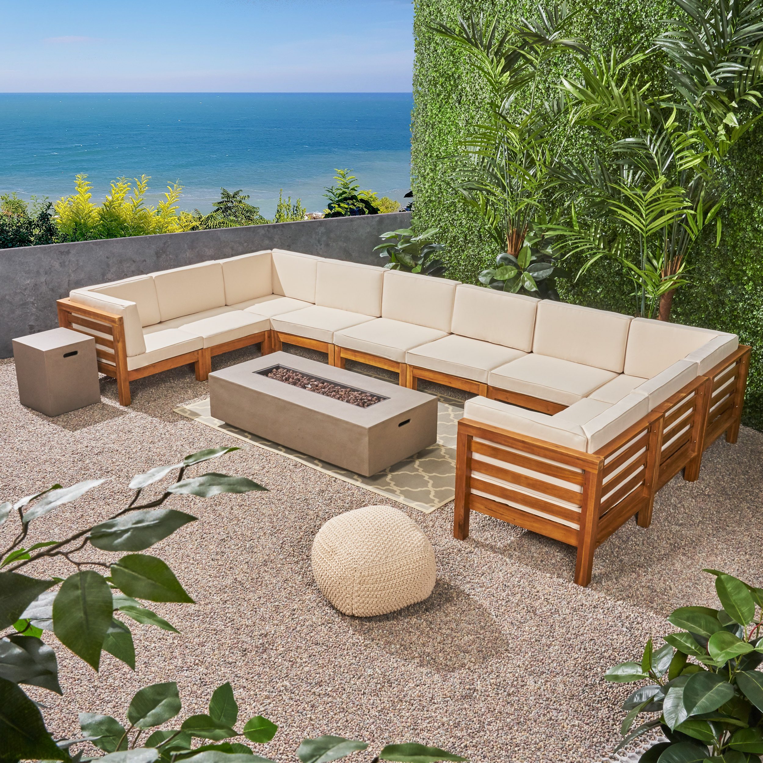 Ravello Outdoor U Shaped Sectional Sofa Set With Fire Pit 12 Piece 10 Seater Acacia Wood Cushions Teak Beige And Light Gray Com Ravello Outdoor U Shaped Sectional Sofa, U Shaped Outdoor Sectional Canada