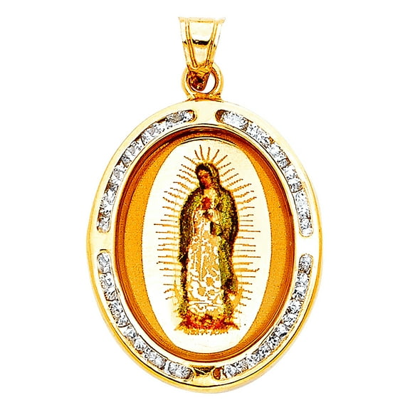 14k Yellow Gold Cubic Zirconia Virgen De Guadalupe Picture Pendant Necklace 17x20mm Pendant for Women