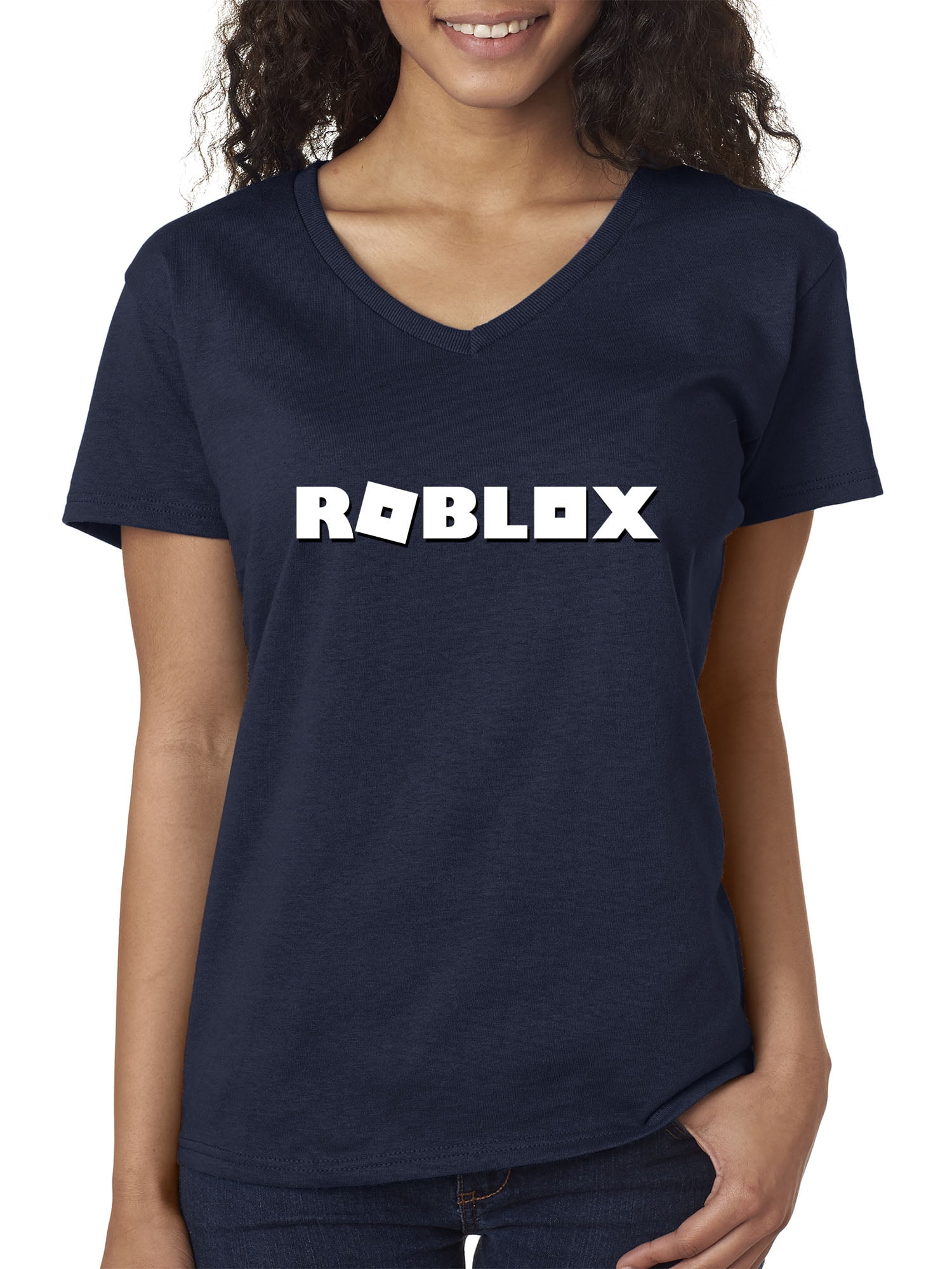New Way 923 Womens V Neck T Shirt Roblox Logo Game Accent Medium Navy - k 12 dress roblox