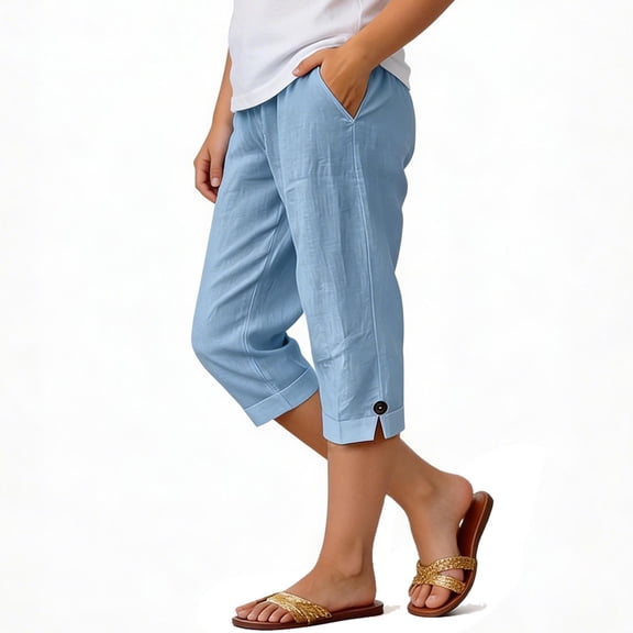 Twczz Girls Cotton Linen Capris with Pocekts- Casual Baggy Elastic Waist Summer Kids Beach Shorts Blue Size 4-12