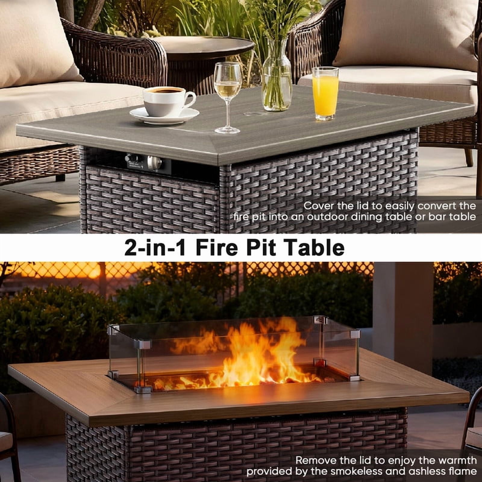 Giantfurnni 41" Propane Fire Pit Table with Lid, Outdoor Wicker 50,000 BTUs Rectangle Gas Fire Pit Table with Glass Wind Guard and Lava Rocks for Balcony Porch Deck