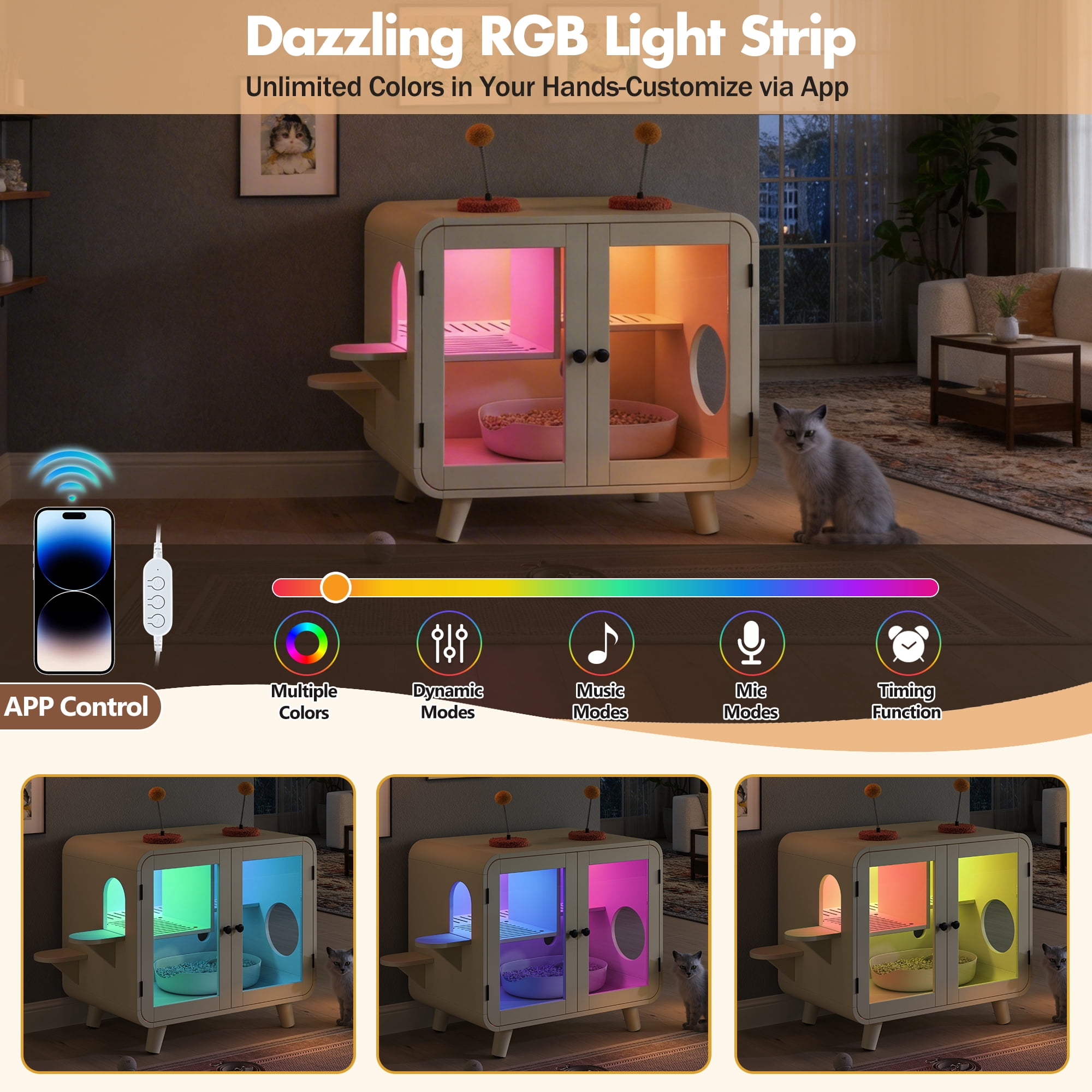 Mintazer Cat Litter Box Enclosure with Light, Hidden Cat House with Side Stairs & Toys, Cat Cabinet with Litter Leak Walkway and Doors for Indoor, Beige