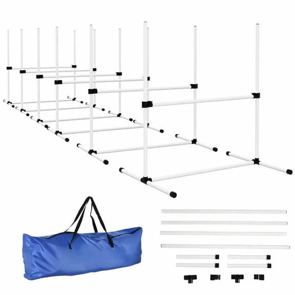 GVN 6 Piece Dog Agility Set with Adjustable Height Jump Bars, Carry Bag, Displacing Top Bar, White