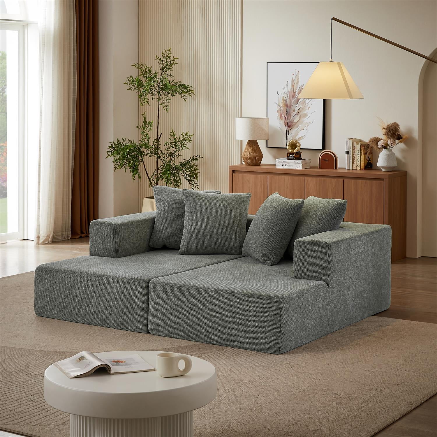 Demi Bonn 74" Cozy Chenille Sectional Sofa, Modern Chaise Lounge Couch with Plush Upholstery, Fixed Cushions for Living Room, Bedroom, Gray